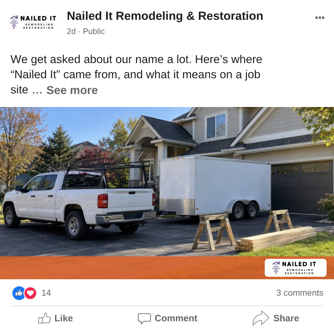 Mock Facebook post from Nailed It about where the company name came from, with a photo of a work truck and trailer at a job