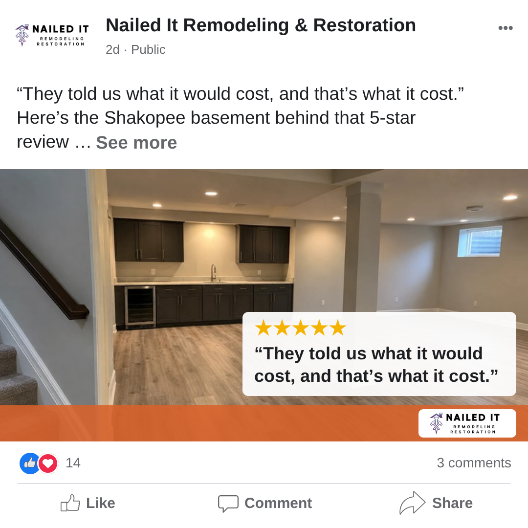 Mock Facebook post from Nailed It quoting a five-star review, with a photo of the finished Shakopee basement it was about